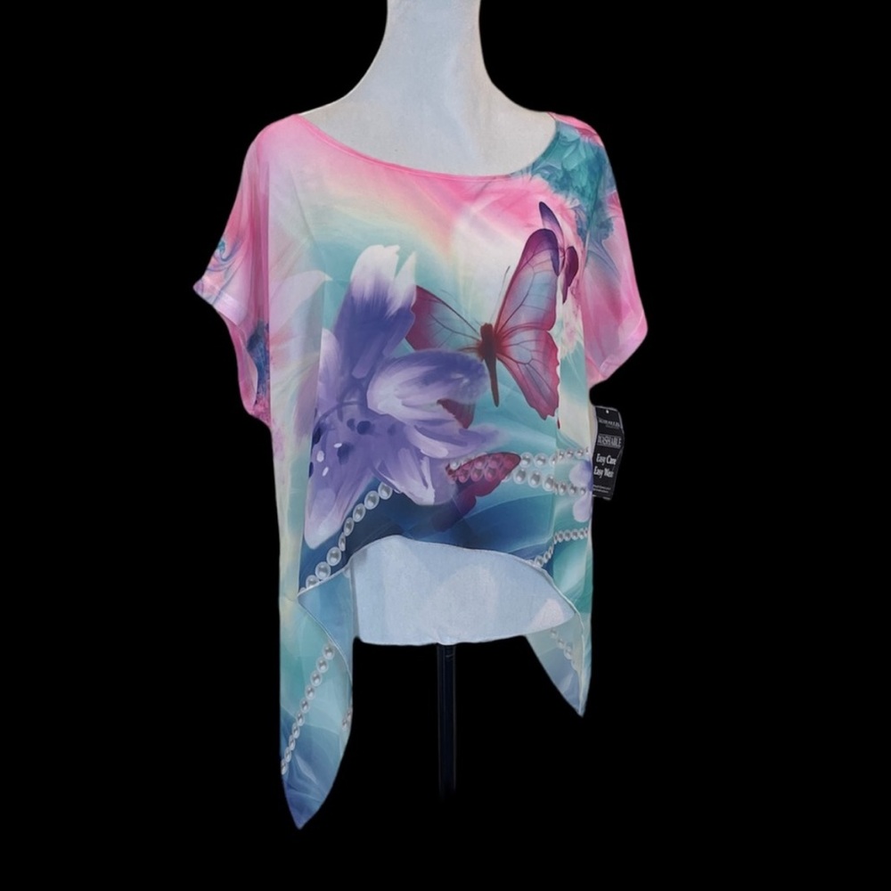 Marallis NWT shear short sleeve butterfly pullover blouse top lightweight medium